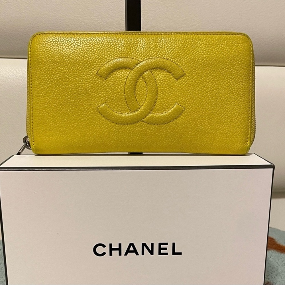 CHANEL Yellow Caviar Leather Long Wallet